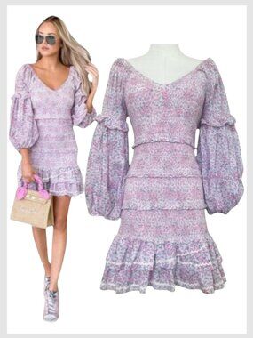 LoveShackFancy Ensley Mini Dress Candy Heart Smocked Puff Sleeve S